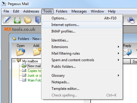 Pegasus Mail - Tools Internet Options